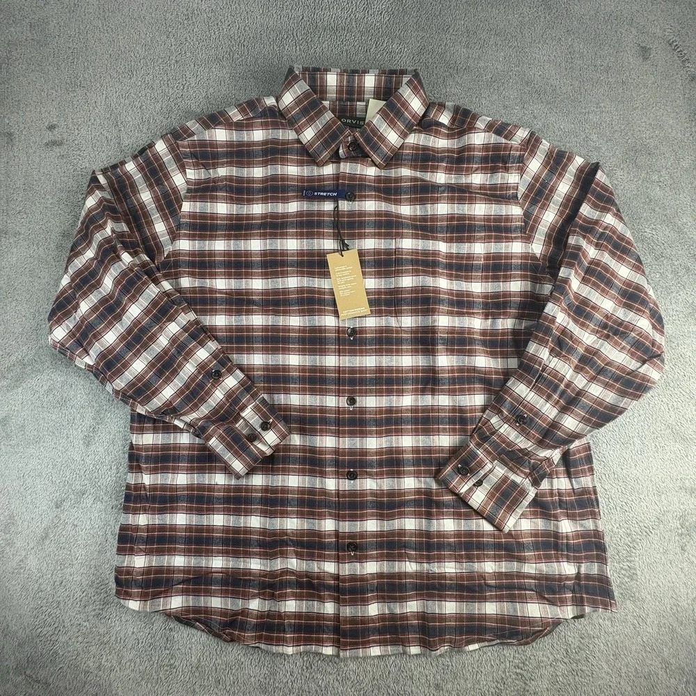 Orvis Cotton Merino Rust Plaid Flannel Shirt Performance Men's XL